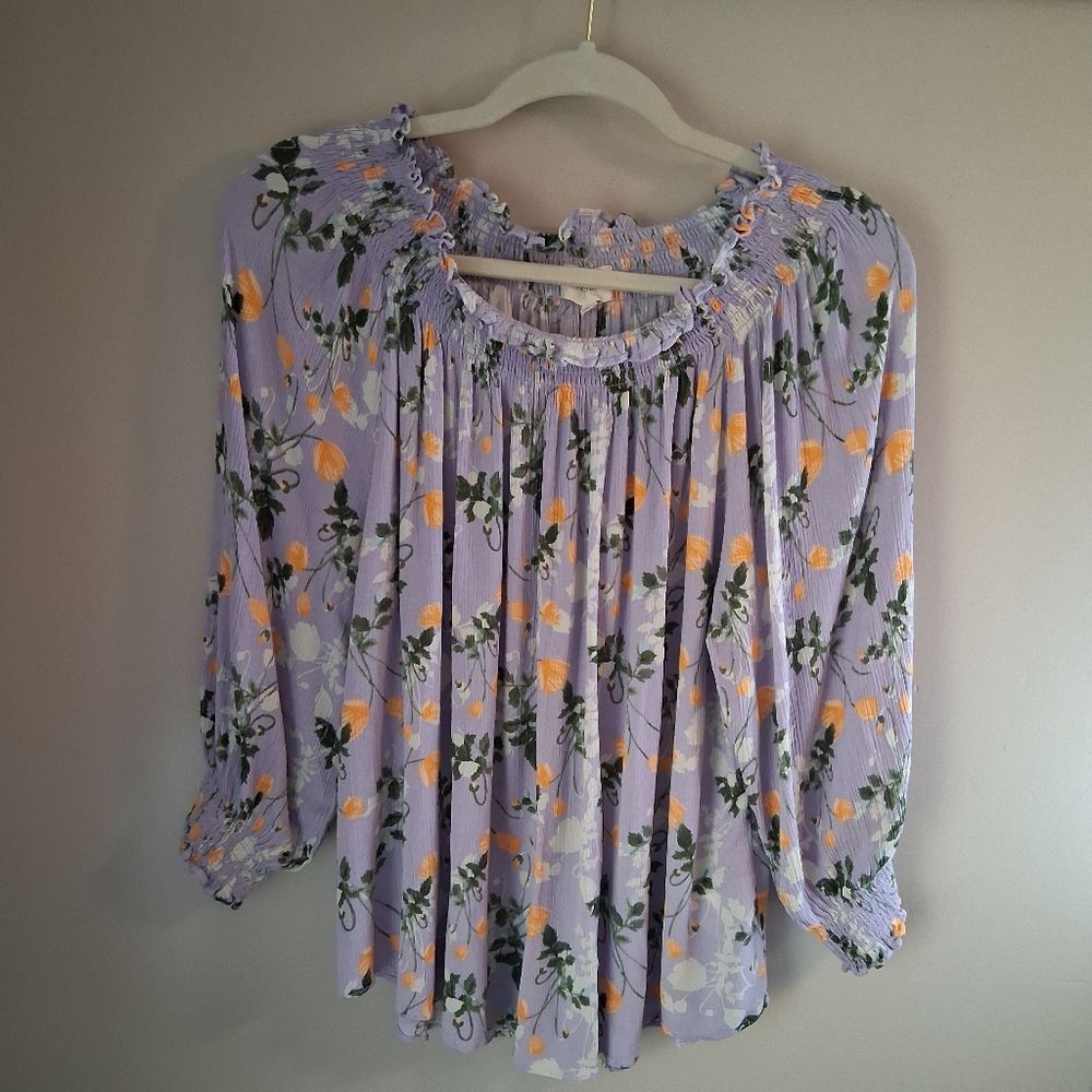 MELLODAY Orange and Purple Ruffled And Smocked 3/4 Sleeve Blouse